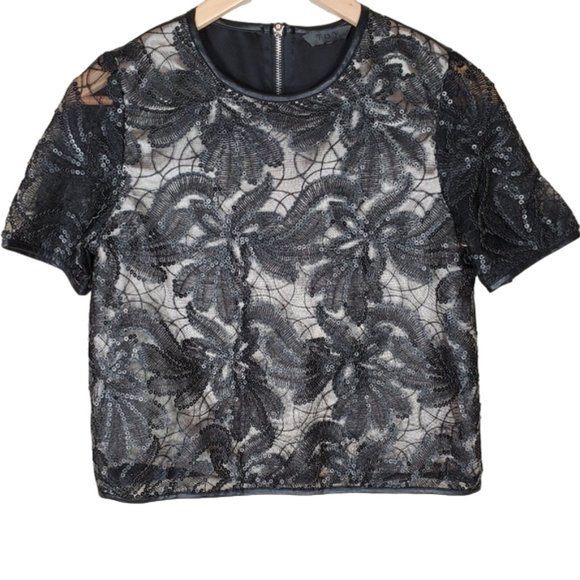 TOV Cropped Boxy Shirt Faux Leather Embellished Layered Clubbing Party Sz. 38 - Picture 1 of 8